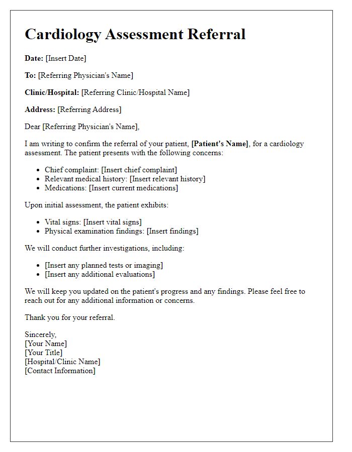 Letter template of cardiology assessment for new patient referral.