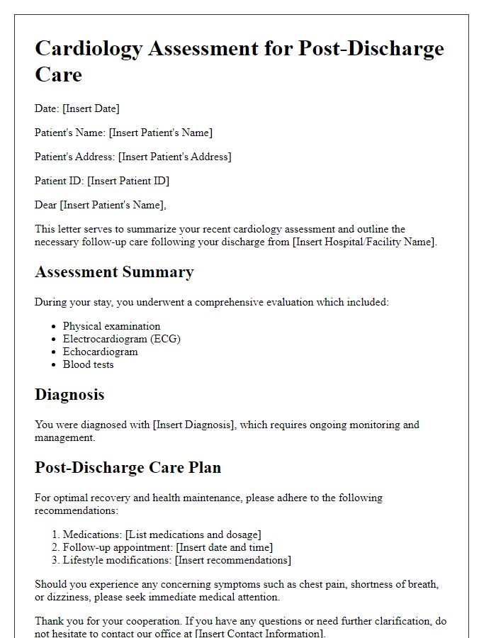 Letter template of cardiology assessment for post-discharge care.