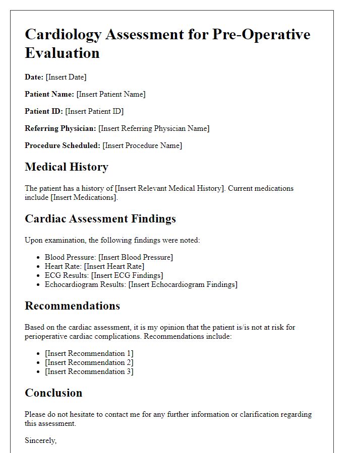 Letter template of cardiology assessment for pre-operative evaluation.