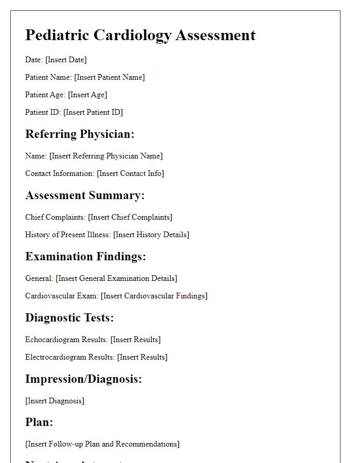 Letter template of pediatric cardiology assessment for child patients.