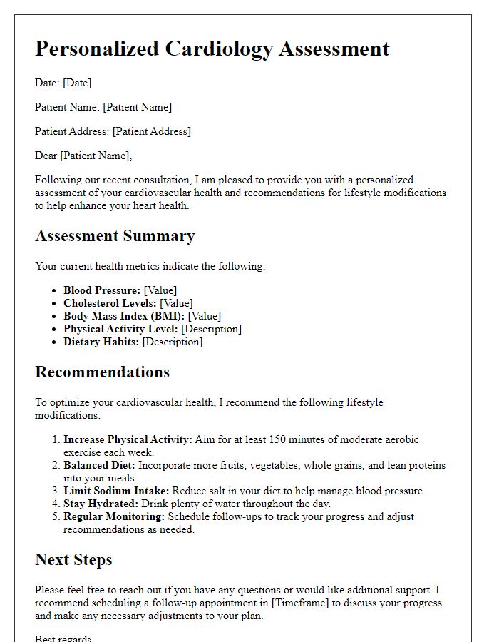 Letter template of personalized cardiology assessment for lifestyle modifications.