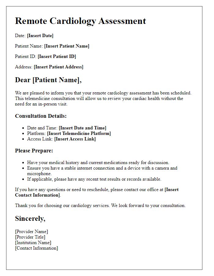 Letter template of remote cardiology assessment for telemedicine consultation.