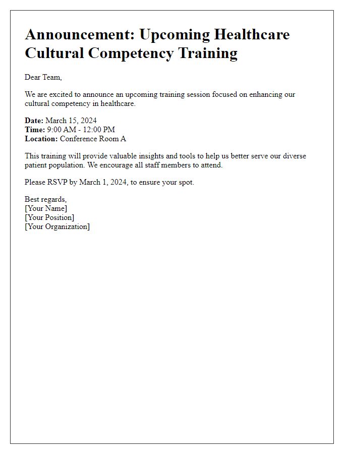 Letter template of announcement for upcoming healthcare cultural competency training session.