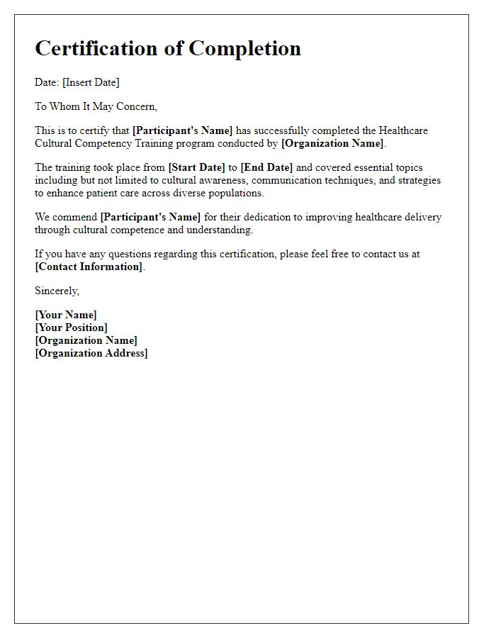 Letter template of certification issuance for healthcare cultural competency training completion.