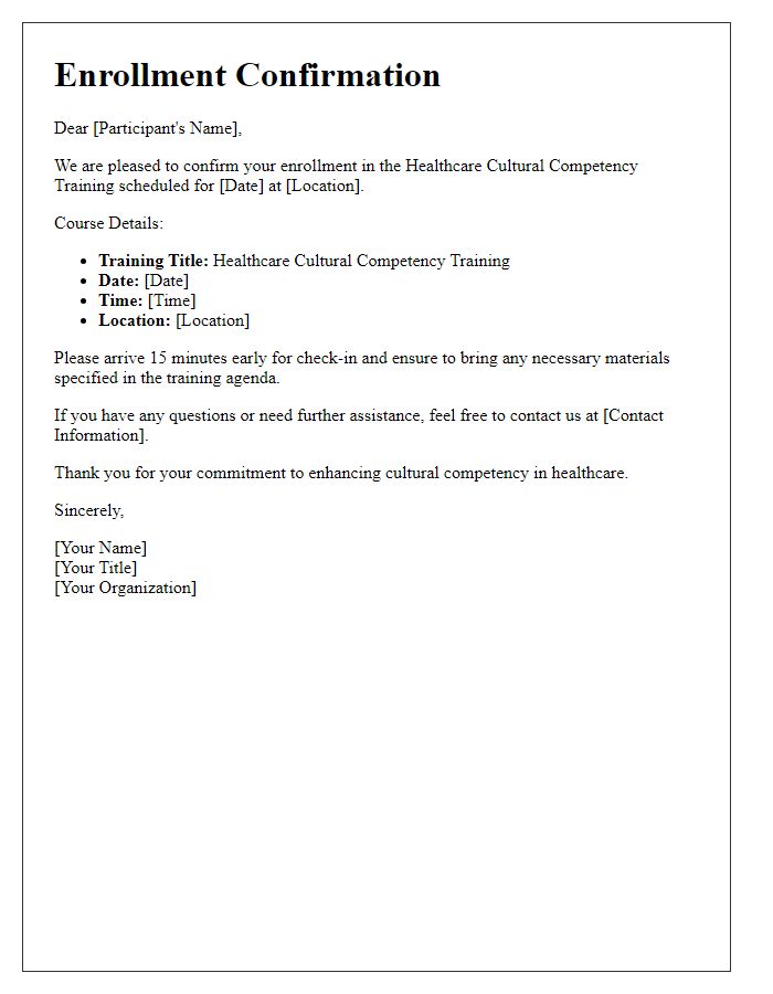 Letter template of enrollment confirmation for healthcare cultural competency training.