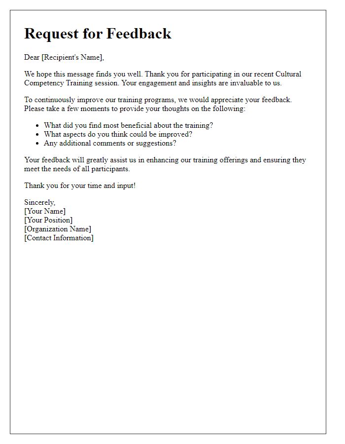 Letter template of feedback request post healthcare cultural competency training.