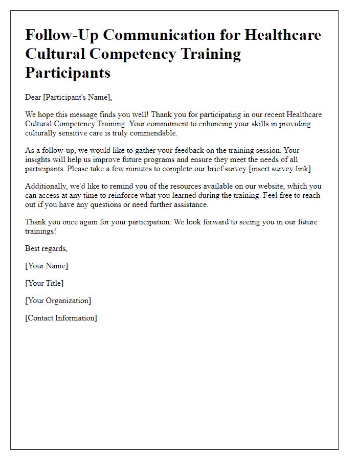 Letter template of follow-up communication for healthcare cultural competency training participants.