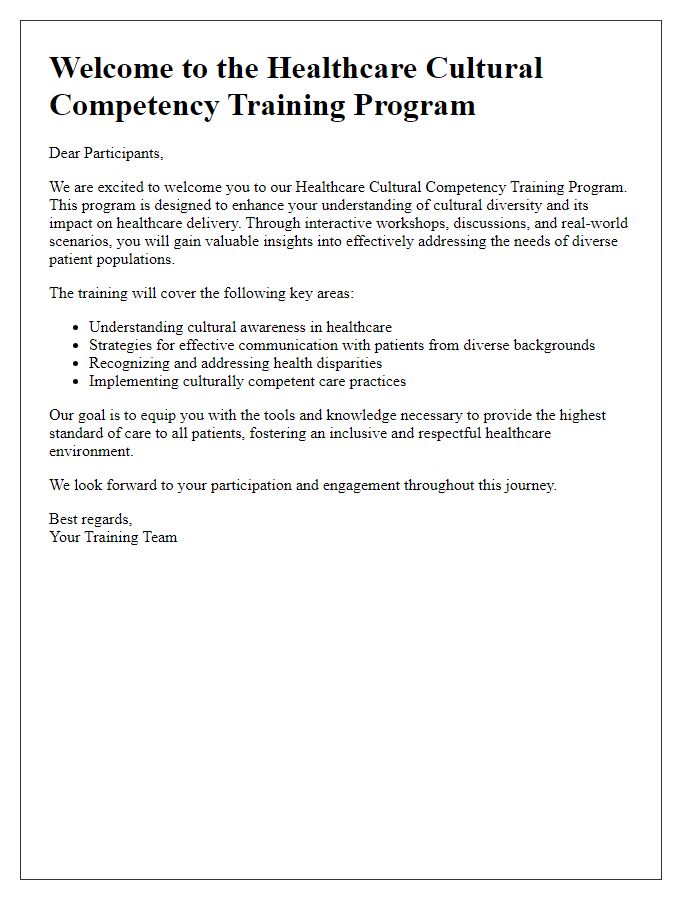 Letter template of introductory overview for healthcare cultural competency training program.