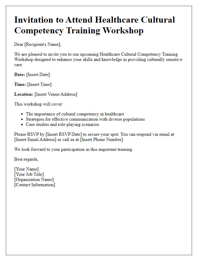 Letter template of invitation for healthcare cultural competency training workshop.