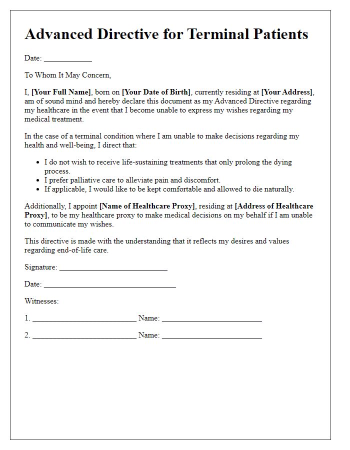 Letter template of advanced directives for terminal patients