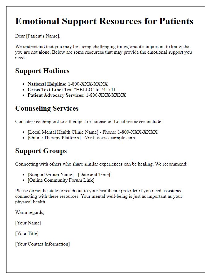 Letter template of emotional support resources for patients