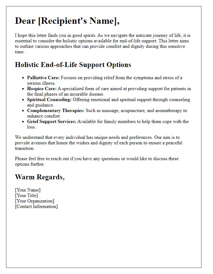 Letter template of holistic end-of-life support options