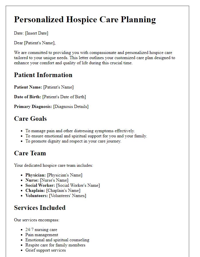 Letter template of personalized hospice care planning