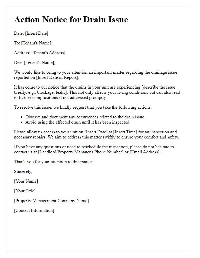 Letter template of action notice for tenant's drain issue