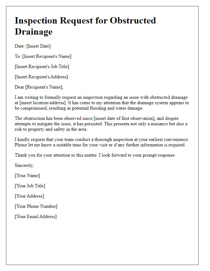 Letter template of inspection request for obstructed drainage