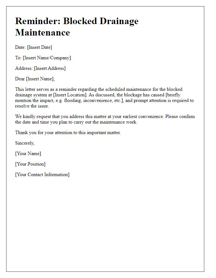 Letter template of reminder about blocked drainage maintenance