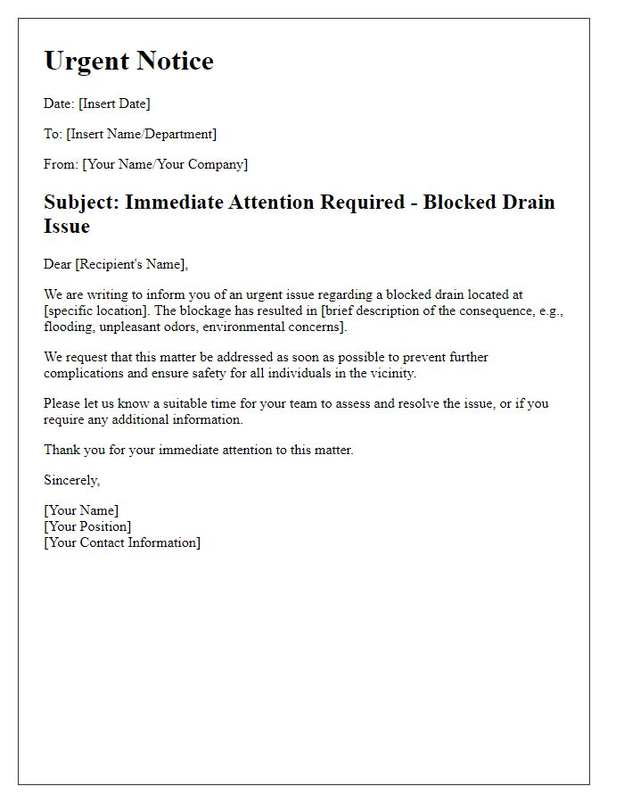 Letter template of urgent notice for blocked drain issue