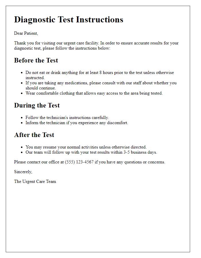 Letter template of diagnostic test instructions for urgent care patients.