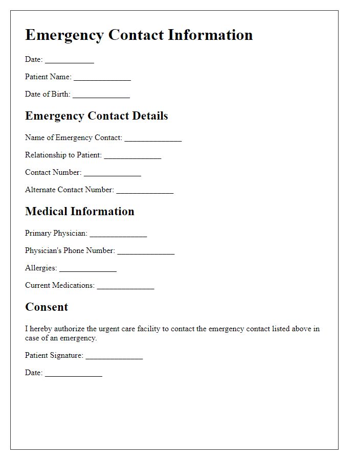 Letter template of emergency contact information for urgent care patients.