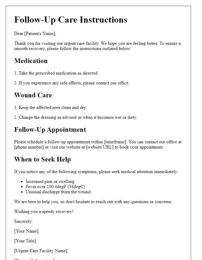 Letter template of follow-up care instructions for urgent care patients.