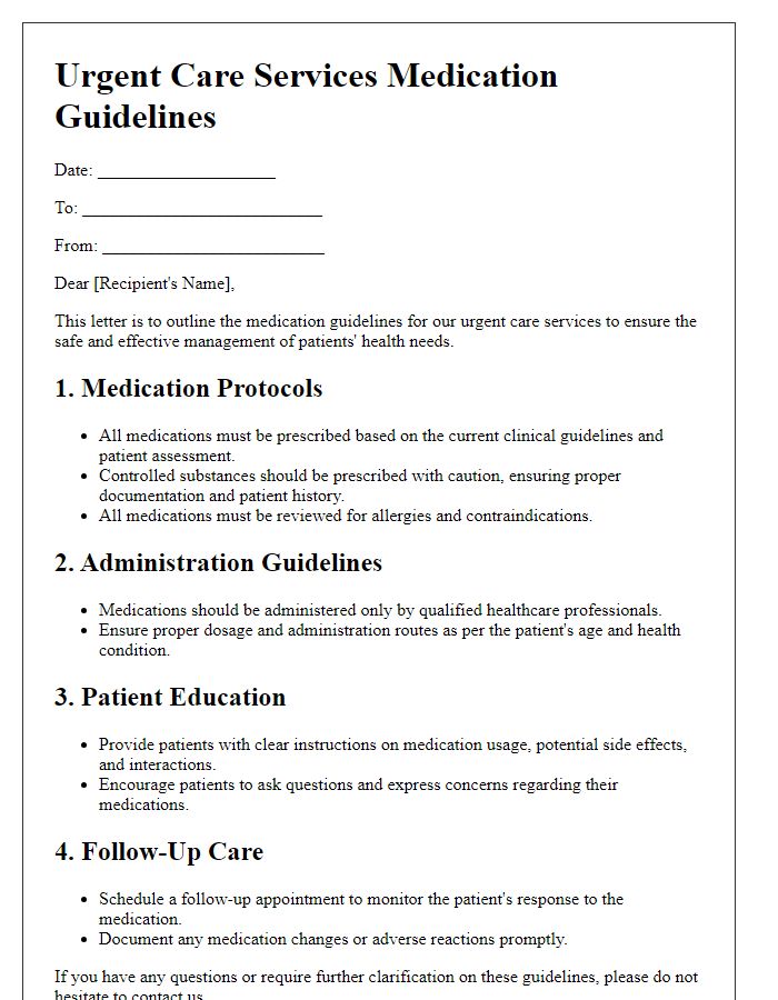 Letter template of medication guidelines for urgent care services.