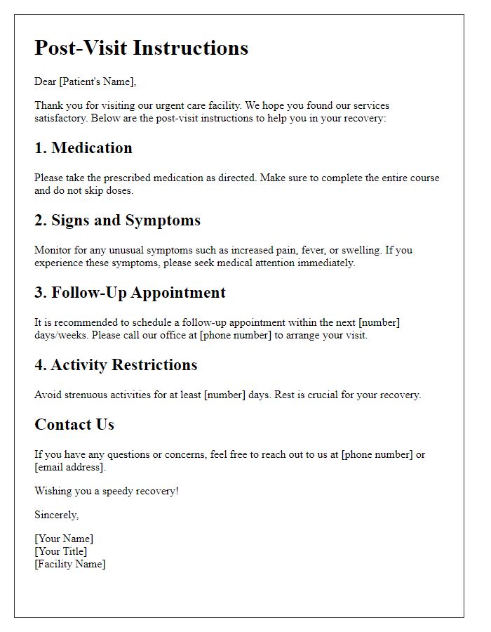 Letter template of post-visit instructions for urgent care treatment.