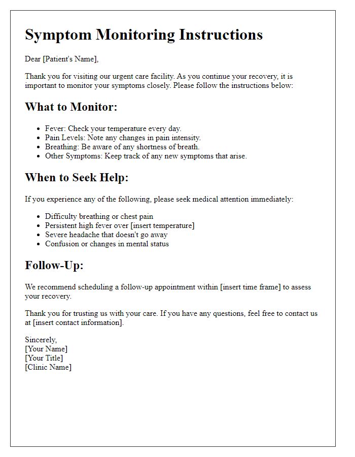 Letter template of symptom monitoring instructions for patients after urgent care.