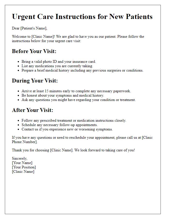 Letter template of urgent care instructions for new patients.