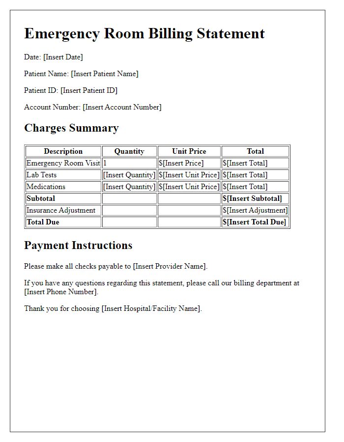 Letter template of emergency room billing statement