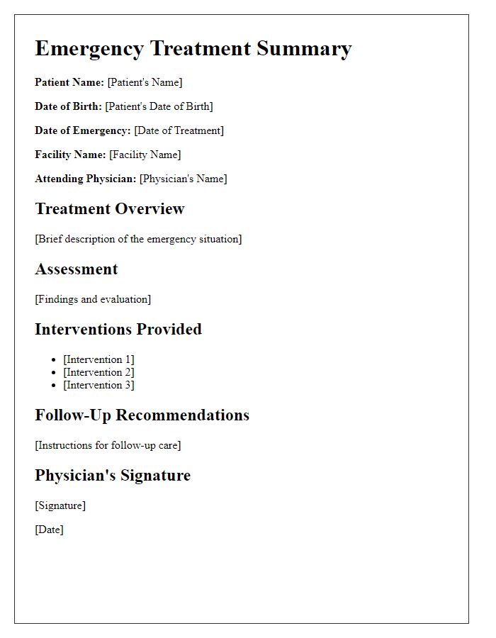 Letter template of patient emergency treatment summary