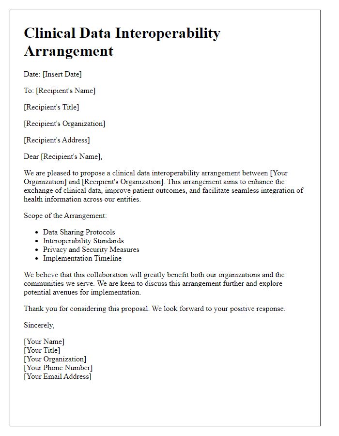 Letter template of clinical data interoperability arrangement