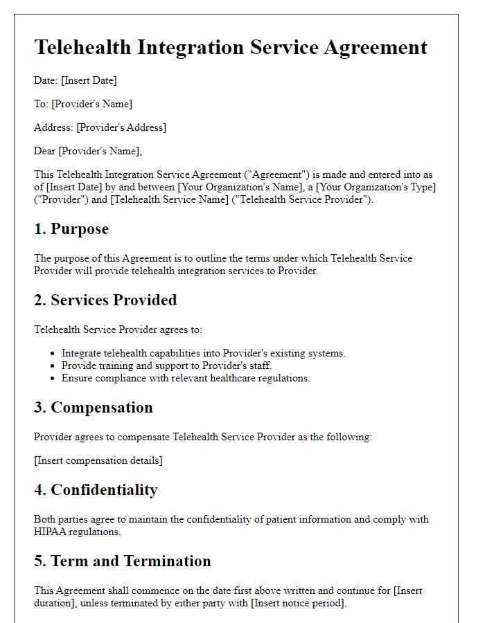 Letter template of telehealth integration service agreement