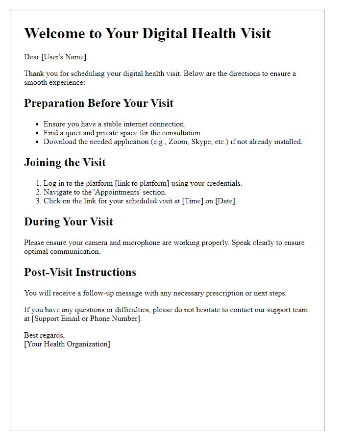 Letter template of digital health visit directions for users