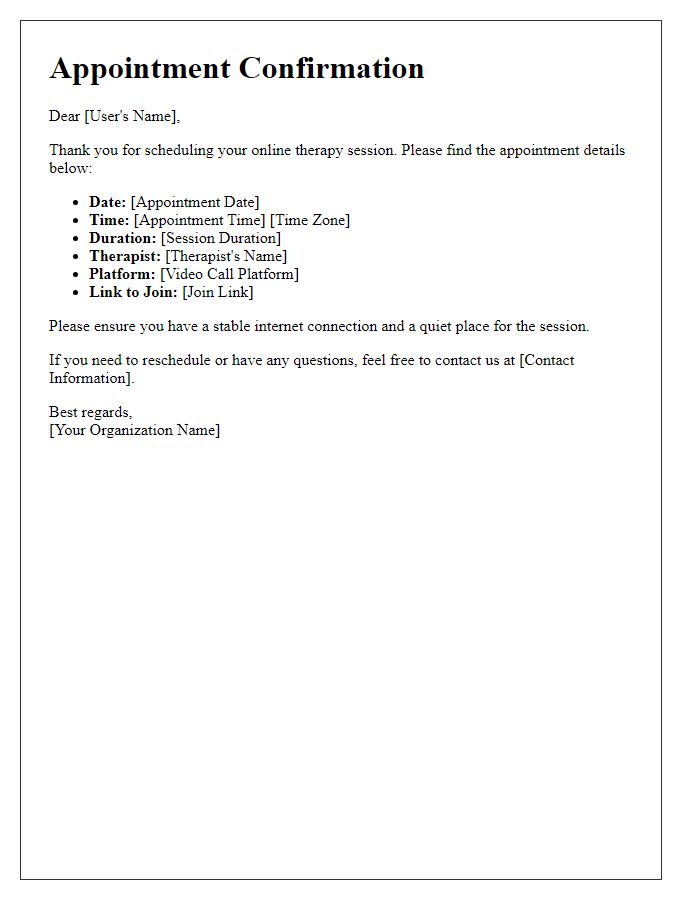 Letter template of online therapy appointment details for users