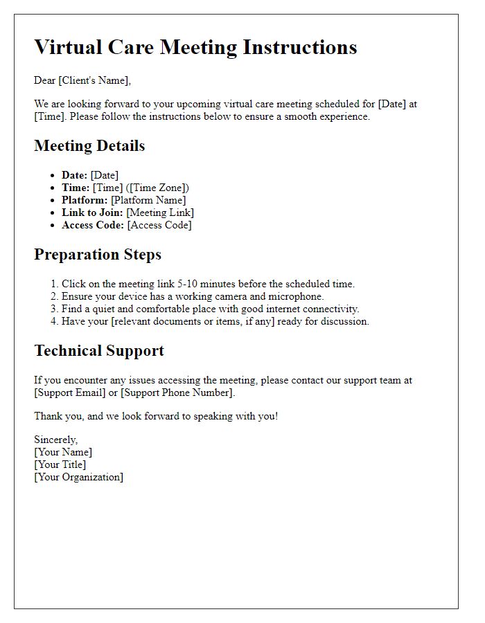 Letter template of virtual care meeting instructions for clients