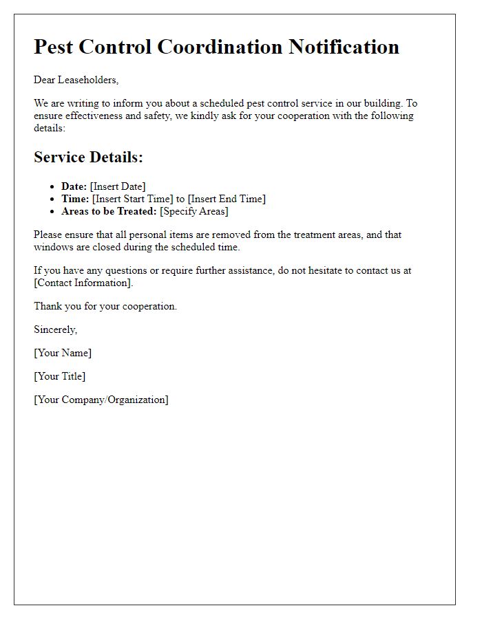 Letter template of pest control coordination for leaseholders