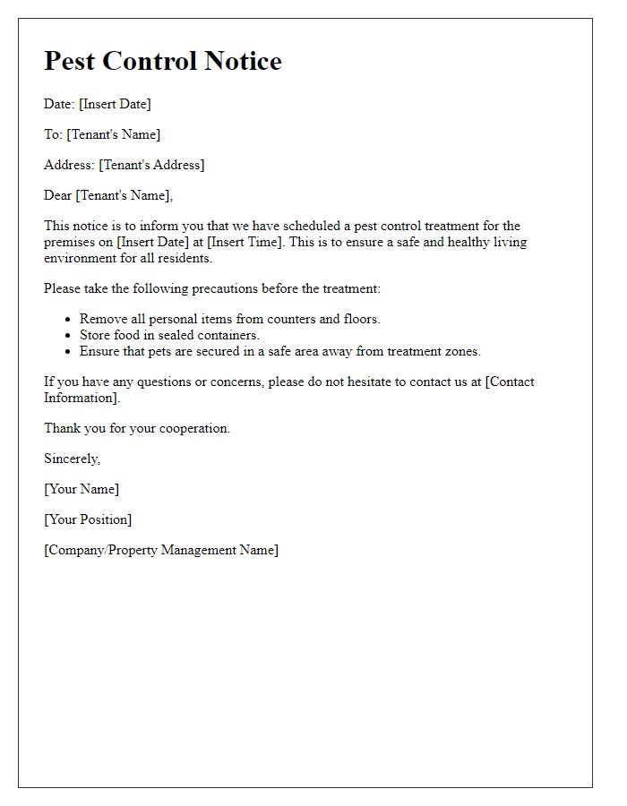 Letter template of pest control notice for tenants