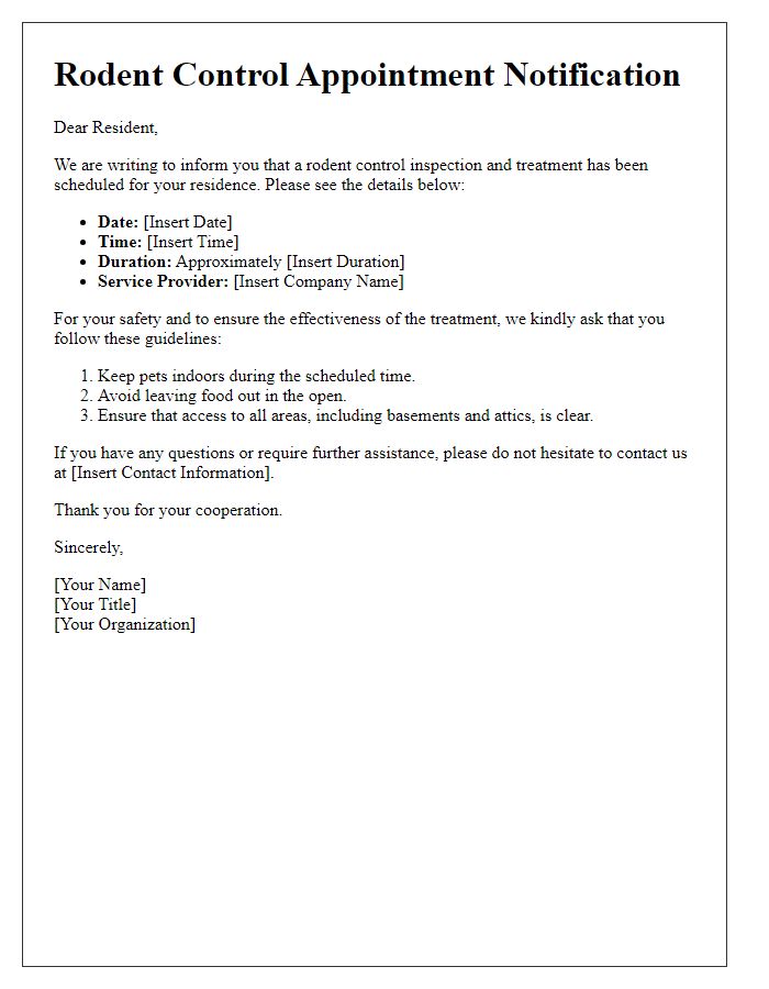 Letter template of rodent control appointment for residents