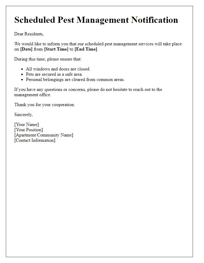 Letter template of scheduled pest management for residents