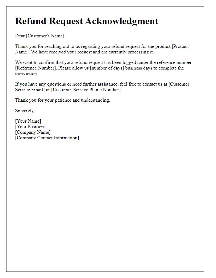 Letter template of acknowledgment for product refund request confirmation