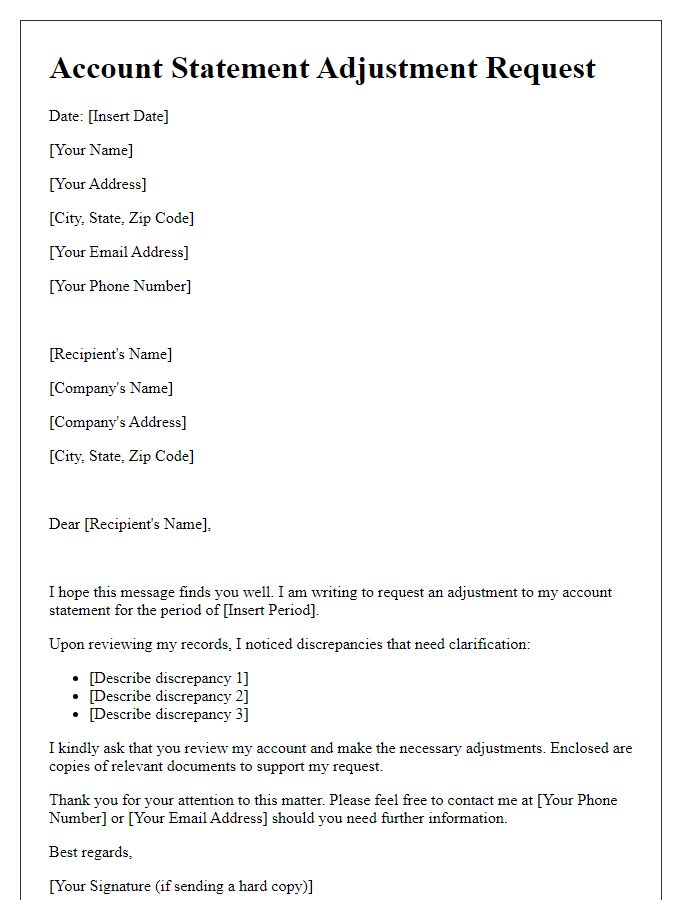 Letter template of account statement adjustment