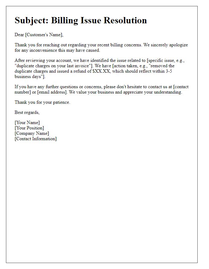Letter template of billing issue resolution