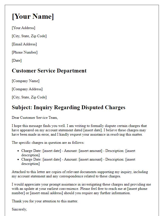 Letter template of disputed charges inquiry