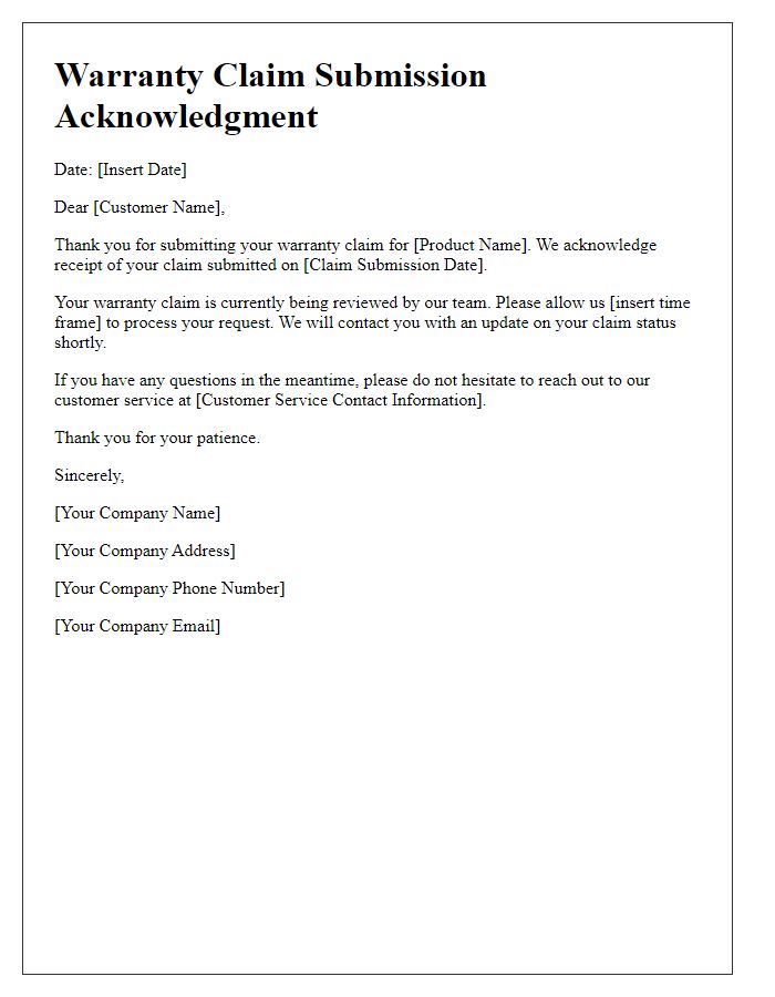 Letter template of warranty claim submission acknowledgment