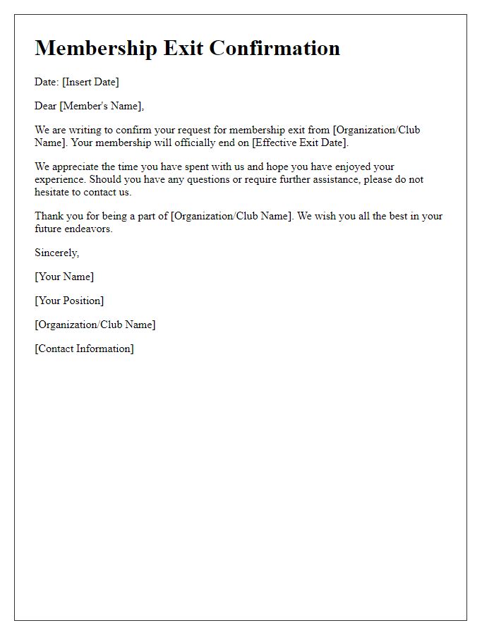 Letter template of confirmation for membership exit