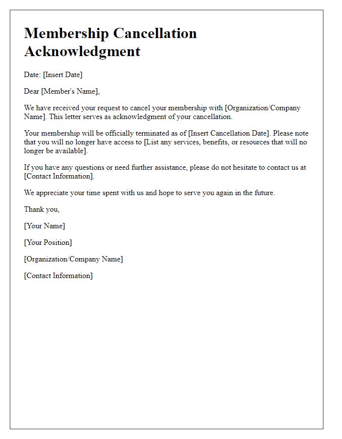 Letter template of membership cancellation acknowledgment