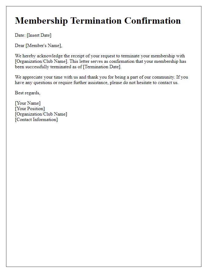 Letter template of membership termination confirmation