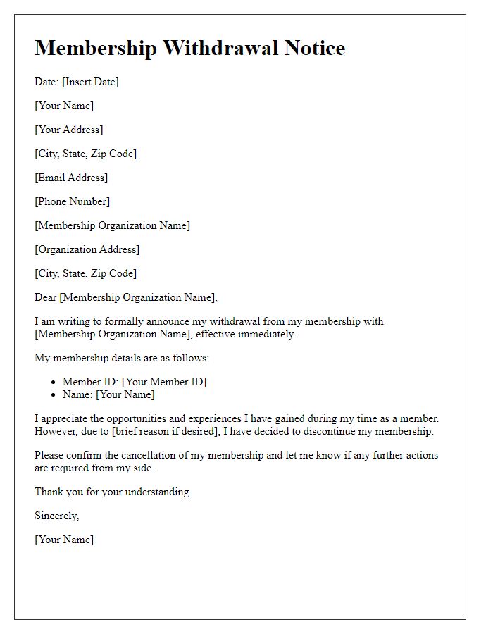 Letter template of membership withdrawal notice