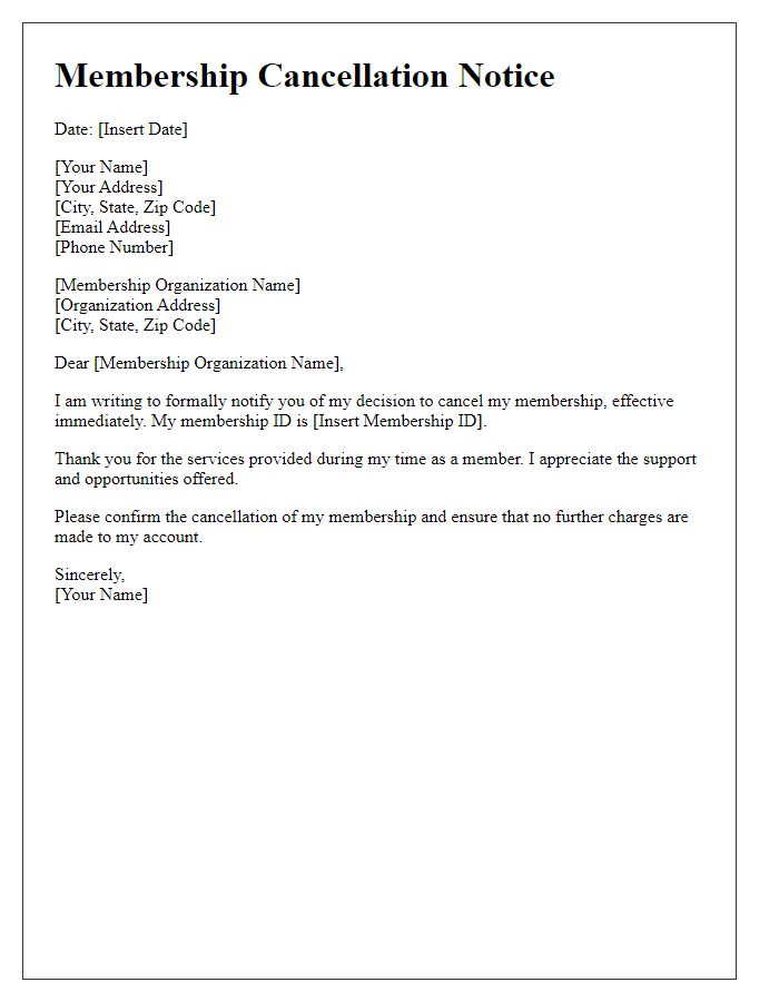 Letter template of official membership cancellation notice