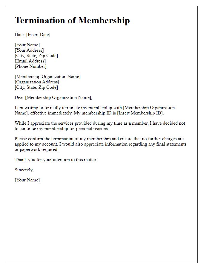 Letter template of termination of membership details